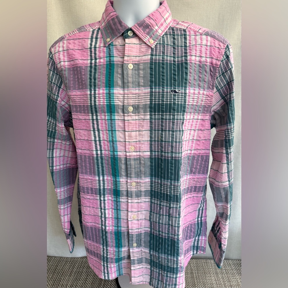 Vineyard Vines Pink, Green & Gray Plaid Cotton Button-Down Shirt